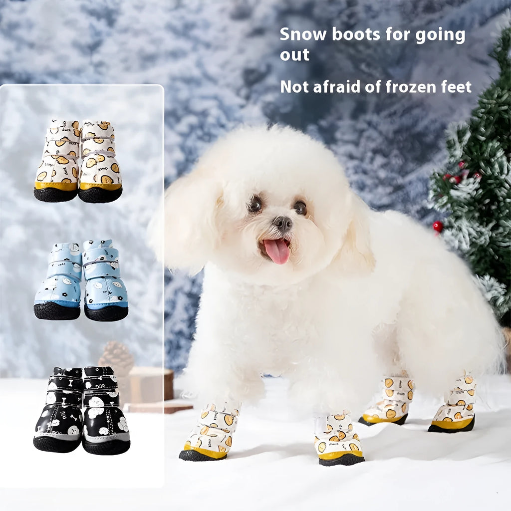 Fleece-lined waterproof dog boots in yellow with non-slip rubber sole on a wooden floor