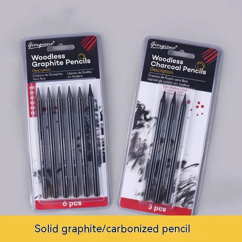 Carbonized pencil set showing six graphite and three carbonized drawing pencils with wooden casings on suction card packaging