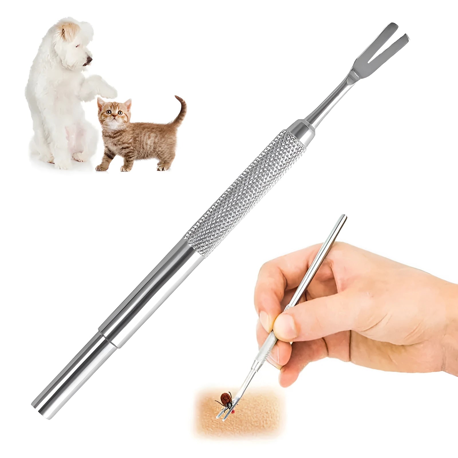 Close-up of silver stainless steel tick removal tweezers with fine pointed tip.
