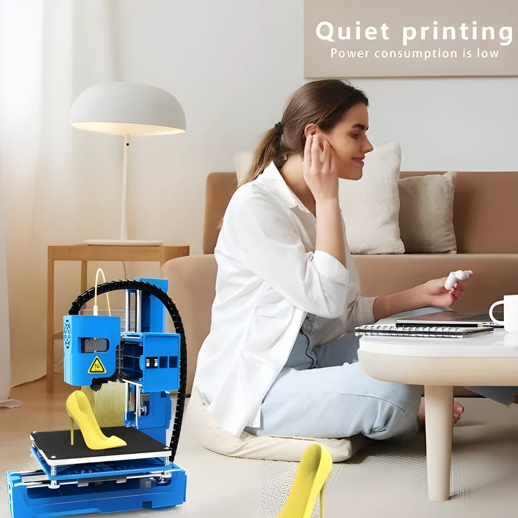 K9 Mini FDM 3D Printer in black or blue, showing compact design with 100mm print bed for PLA toy and model creation.