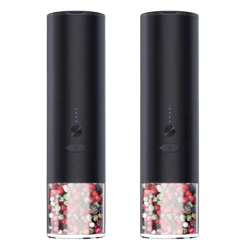 USB rechargeable electric salt and pepper grinder with LED light and clear glass jar