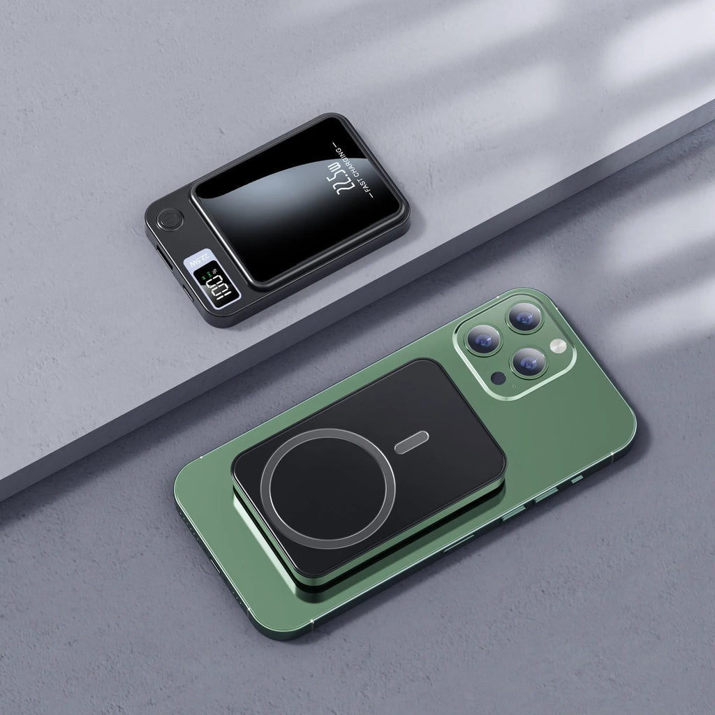 Wireless power bank in industrial style plastic design showing Magsafe charging surface