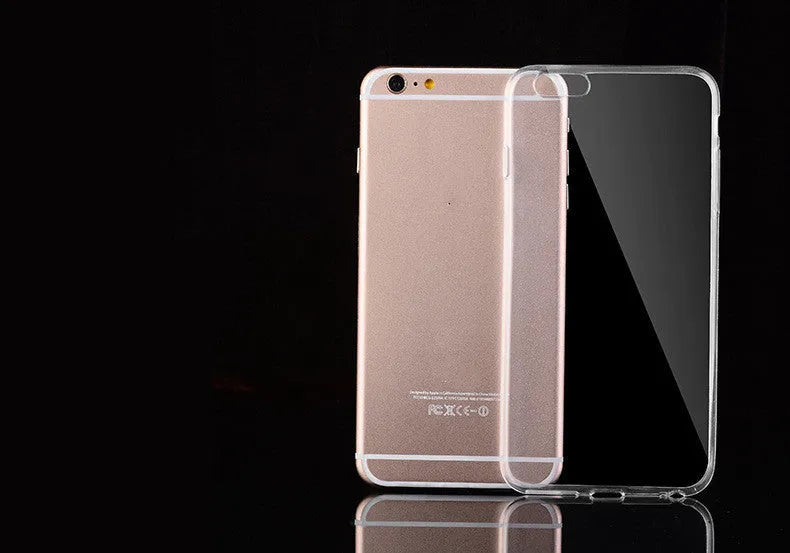 Transparent TPU soft shell mobile phone case for iPhone on a flat surface.