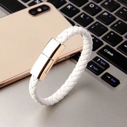 Stylish leather bracelet charging cable for iPhone, Android, and USB-C devices in various colors and sizes