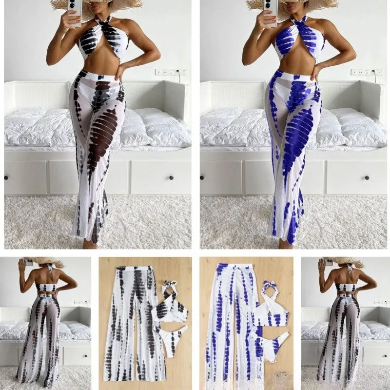 Women's three-piece swimsuit set with mesh trousers in printing design