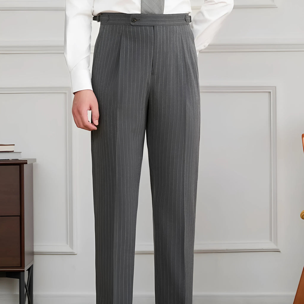 Men's Neapolitan striped trousers, mid-high waist, straight-leg, dark blue or dark grey, polyester, sizes 29-36