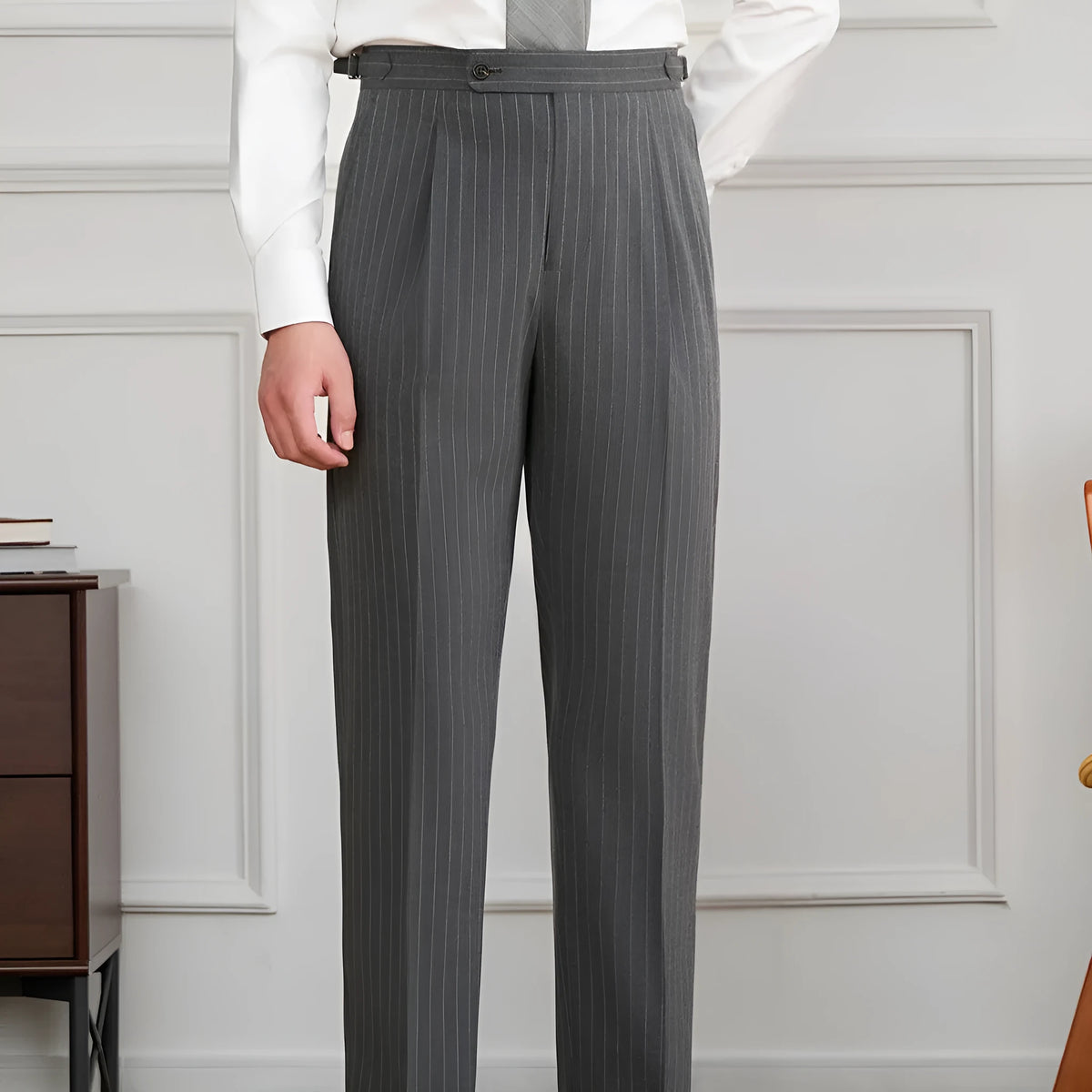 Men's Neapolitan striped trousers, mid-high waist, straight-leg, dark blue or dark grey, polyester, sizes 29-36
