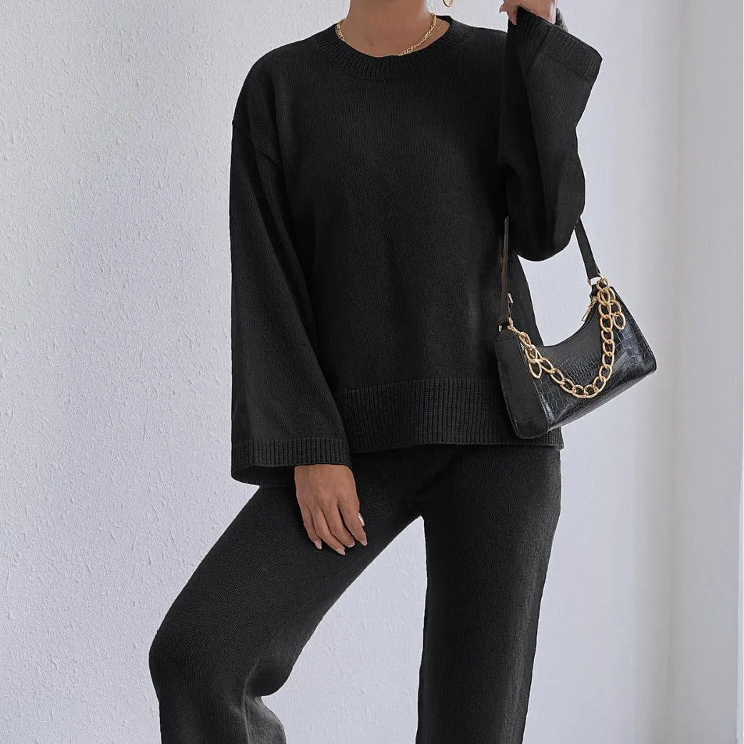 Women's two-piece loose pullover sweater and wide leg trousers set in deer plush fabric, beige suit option