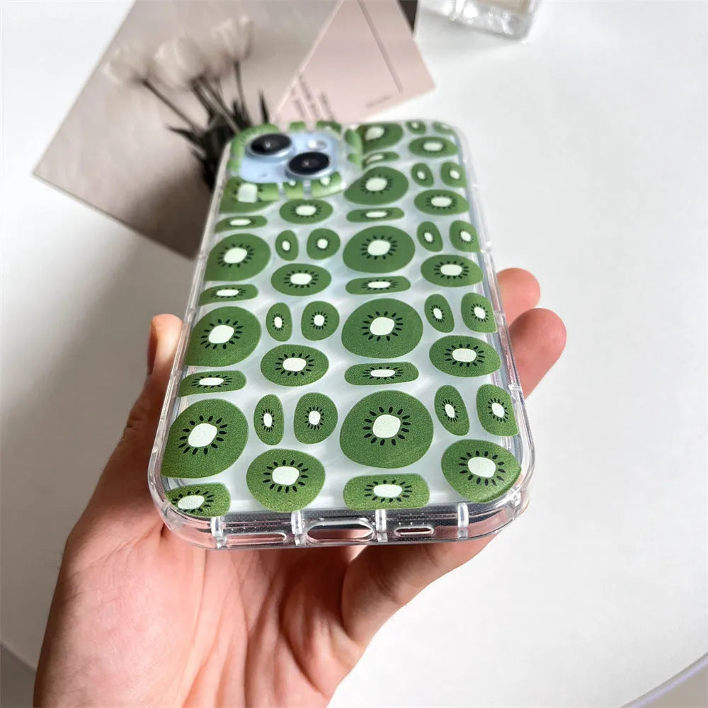 Transparent sliced kiwi fruit TPU phone case for iPhone showing green kiwi pattern on clear background