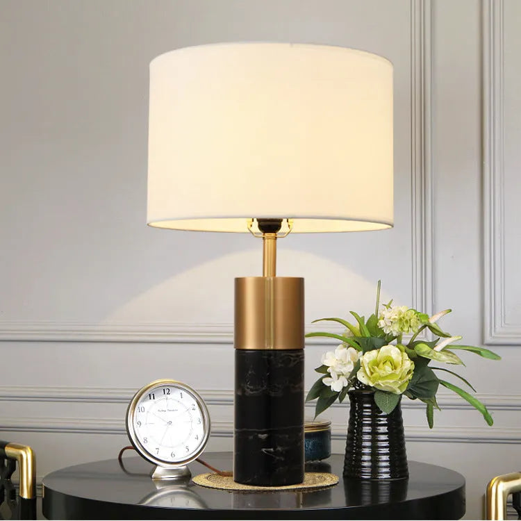 Postmodern marble table lamp with cloth shade, electroplated hardware, E27 cap, 32x55cm, in black or white marble