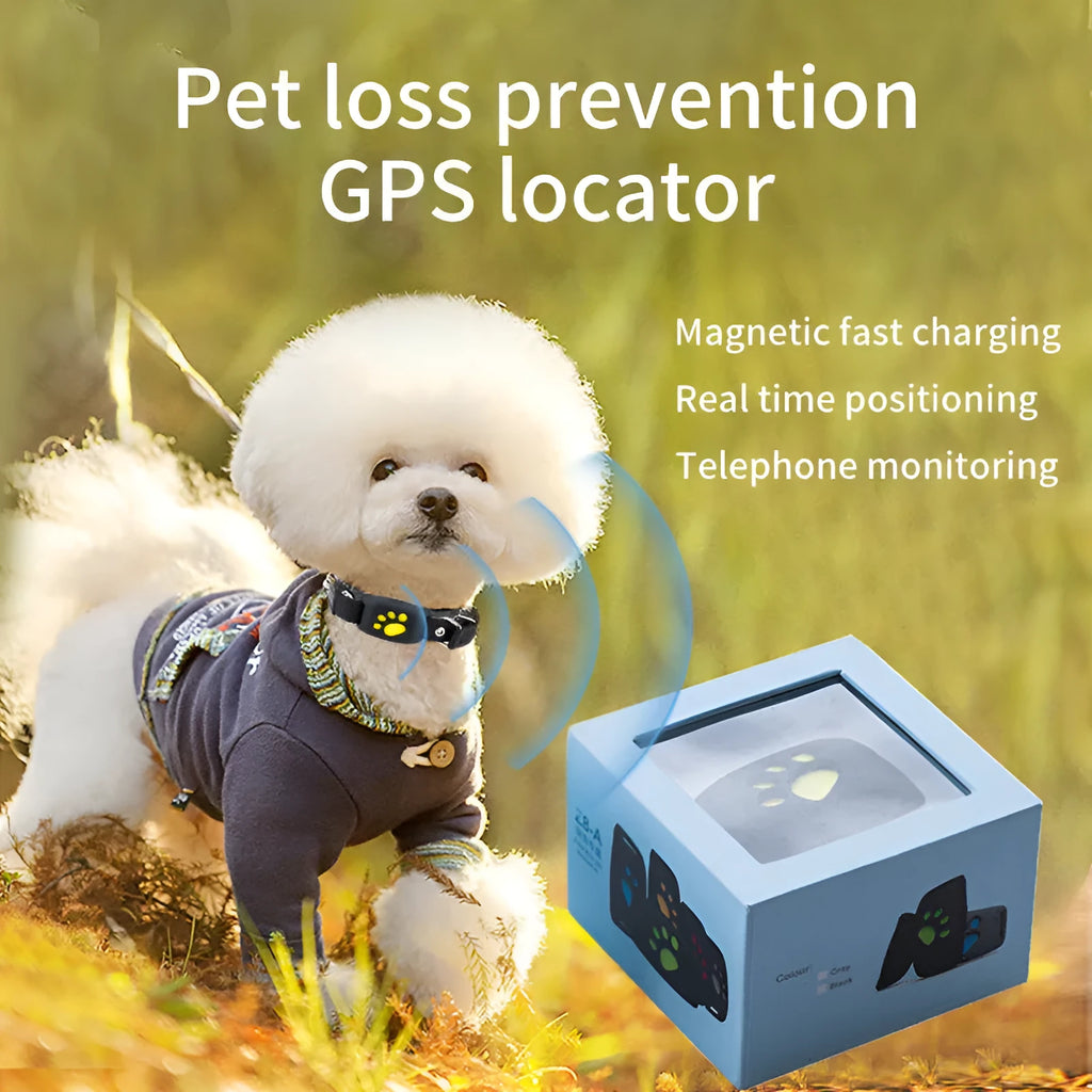 Waterproof GPS pet tracker device in multiple colours showing compact size