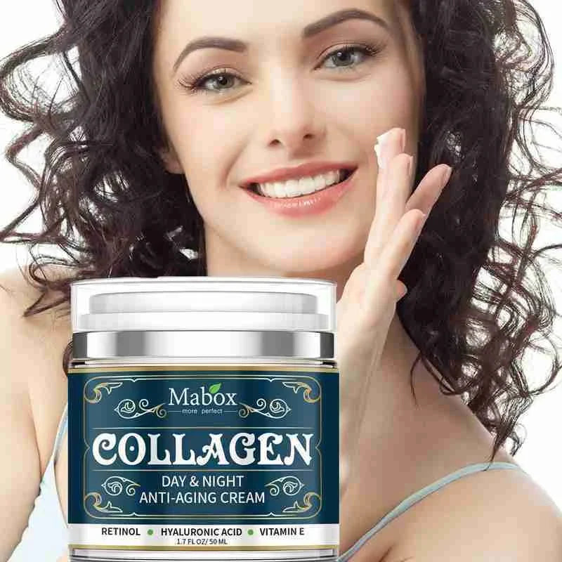 Collagen face cream in a blue container, designed to hydrate and rejuvenate the skin for a youthful, radiant appearance.