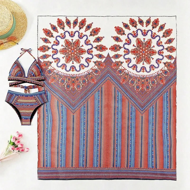 Women's three-piece swimsuit set in pictured colour, showing cutout sleeveless top, high-waist briefs, and a cover-up coat.