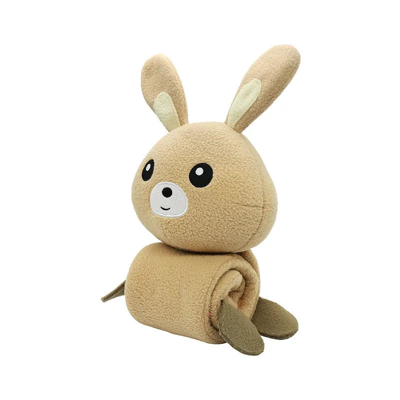 Plush poached bunny dog toy with food hiding compartments and soundmaking features