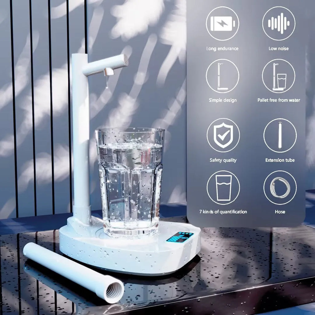 White and blue automatic desktop water dispenser pump with stand and extension pipe.