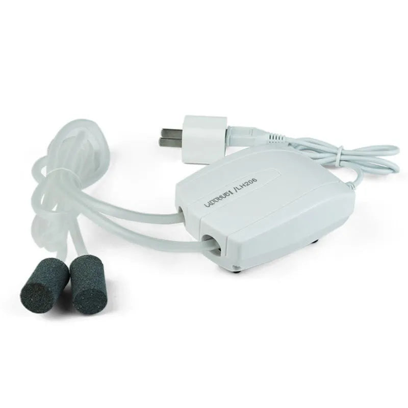 White aquarium air pump mini compressor with single or double outlet, ABS shell, steel clip and rubber shockproofing