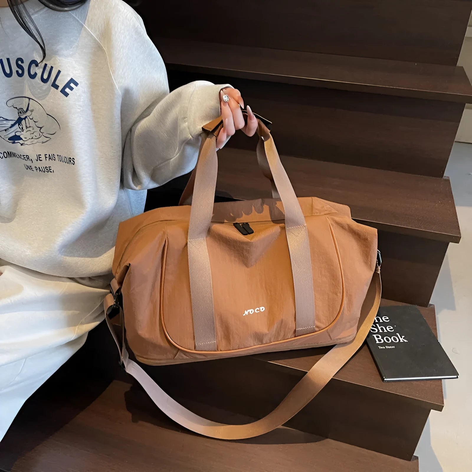 Oxford cloth yoga crossbody bag in beige, black, or brown with one shoulder strap