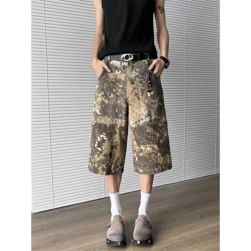 Yellow snake camouflage pattern cropped jeans in cotton denim fabric