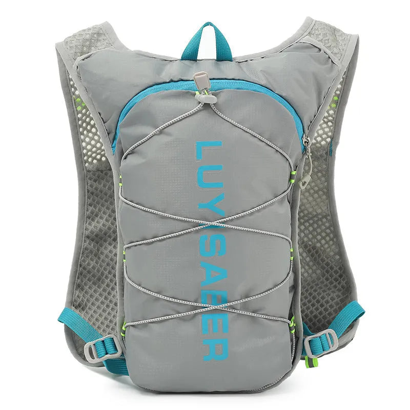 Blue nylon running backpack with reflective strips, shown on a person hiking.