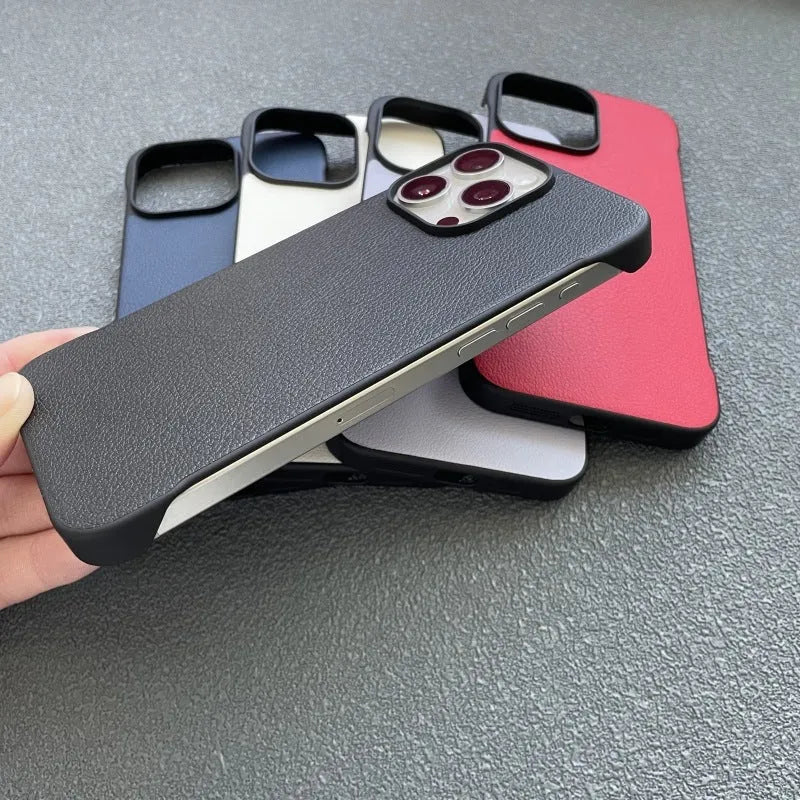 Frameless PU leather phone case in black with heat dissipation for iPhone 14 Pro Max back view