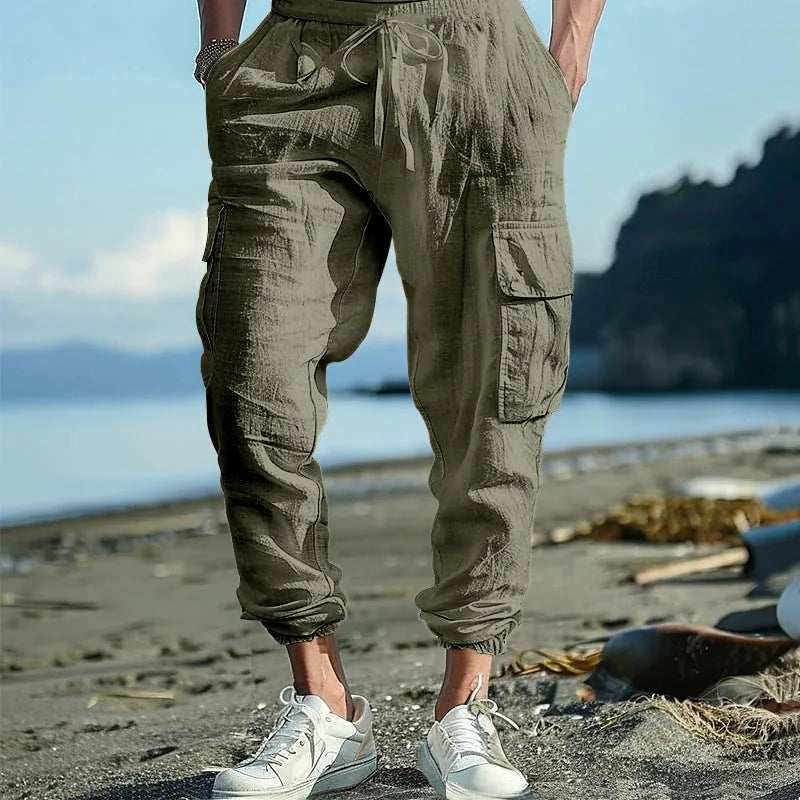 Men's linen casual trousers with ankle ties and multiple pockets in solid colour