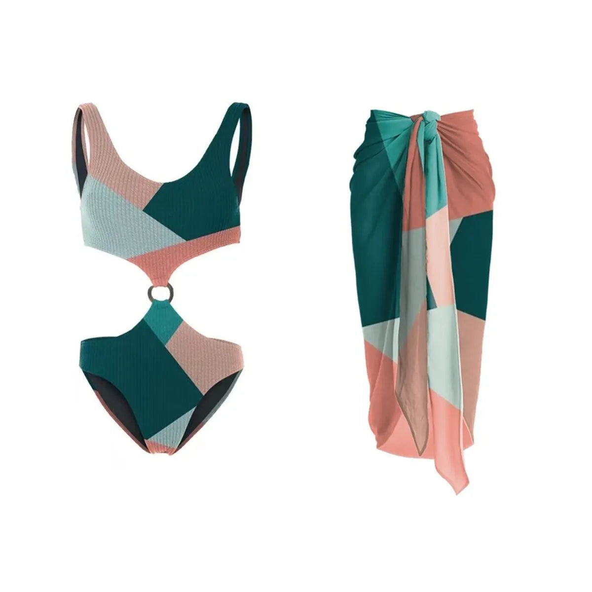 Colour-contrast bikini two-piece set with mesh gauze skirt swimwear