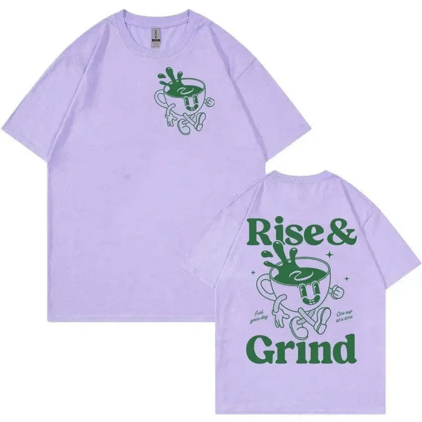 Loose fit linen cartoon t-shirt for teenage boys with Rise And Grind Green Coffee Fun Expression Bag print.