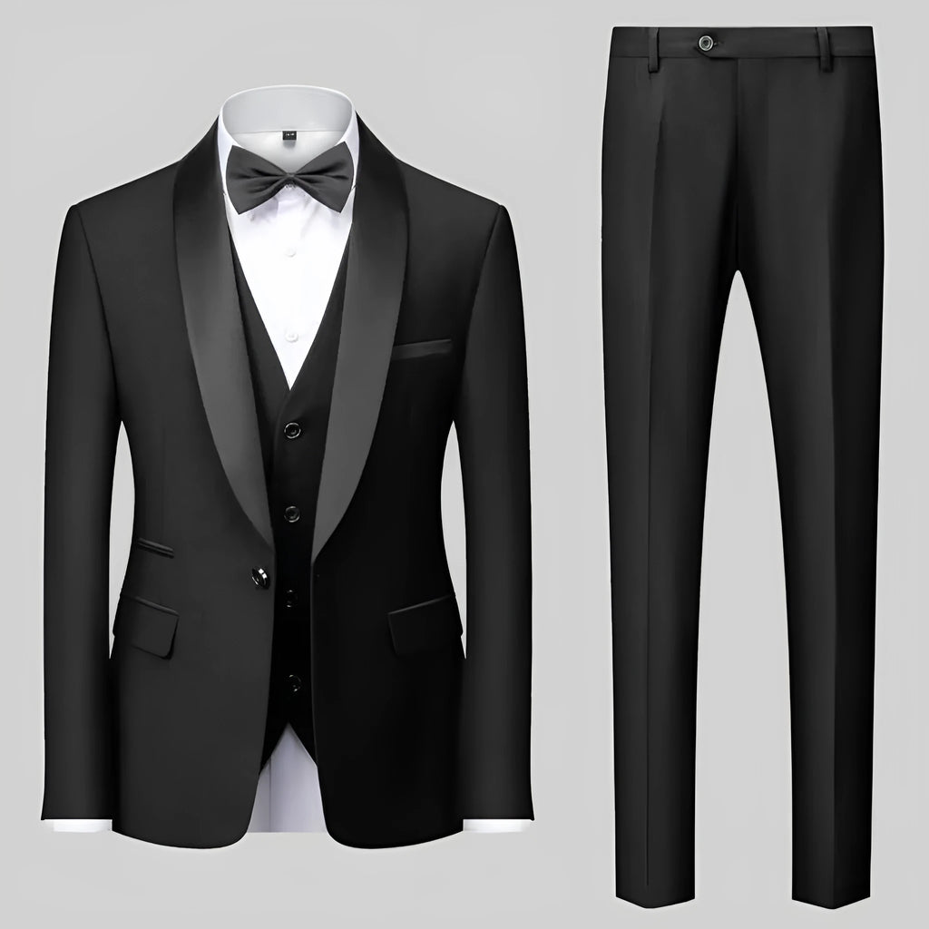 Men's three-piece slim fit suit set with green fruit collar in black and other colours, sizes S to 6XL