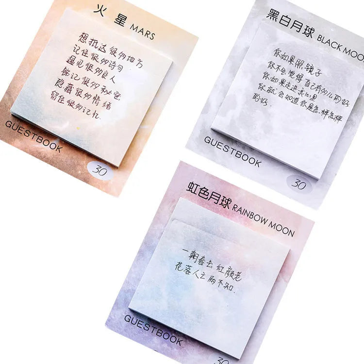 Square planet-themed sticky note notepad showing oil painting designs of moon, earth, and mars.