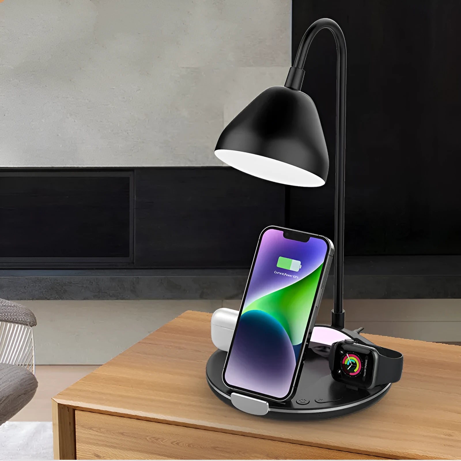 Black magnetic folding wireless charger with phone stand unfolded showing iPhone placement