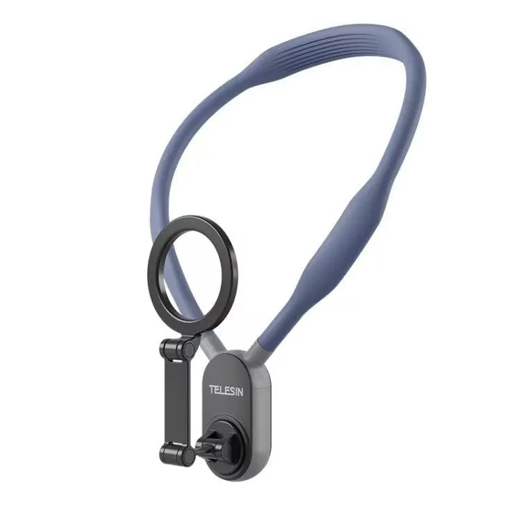 Grey silicone magnetic phone neck mount showing phone attached vertically with anti-release safety rope