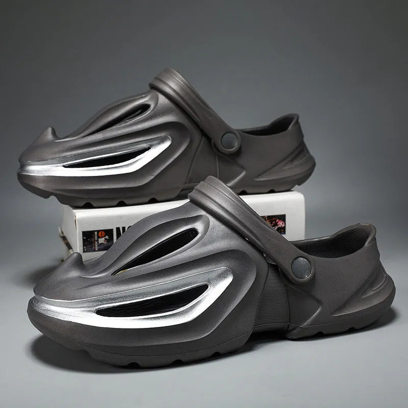 Men's solid colour EVA beach shoes in black gold, slip-on style for summer.