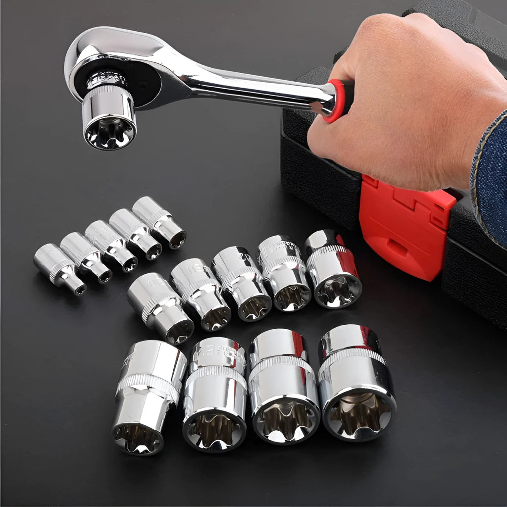 Red box containing a 14-piece set of chrome vanadium steel E-type sockets for auto and mechanical repair