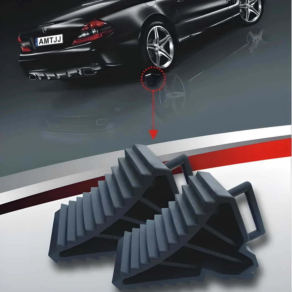 Car tyre skid stop parking locator set showing triangular anti-slip devices in black and silvery colours