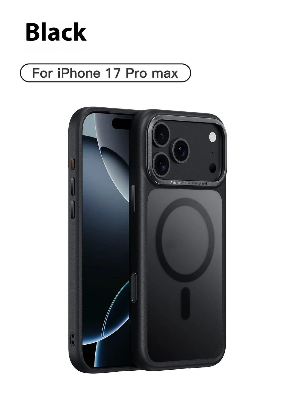 Frosted magnetic iPhone 17 phone case shown in multiple colours including black, white, and desert gold.