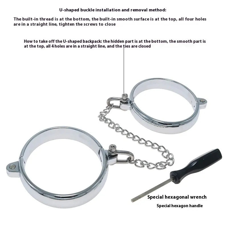 Silver zinc alloy handcuffs and footcuffs set with stainless steel bracelet attachments