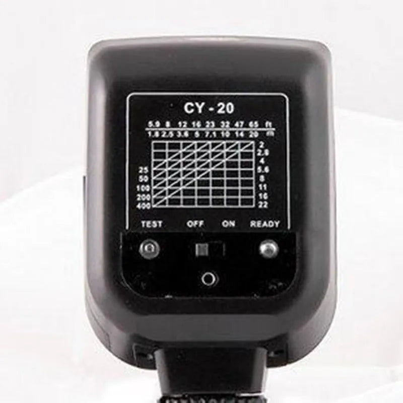 Compact SLR camera flash accessory with its head tilted upwards, showing its 90-degree adjustment range on a hot shoe.