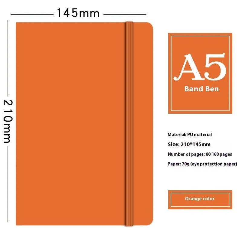 A5 faux leather notebook in blue with strap and pen insert, 200 pages, lying flat