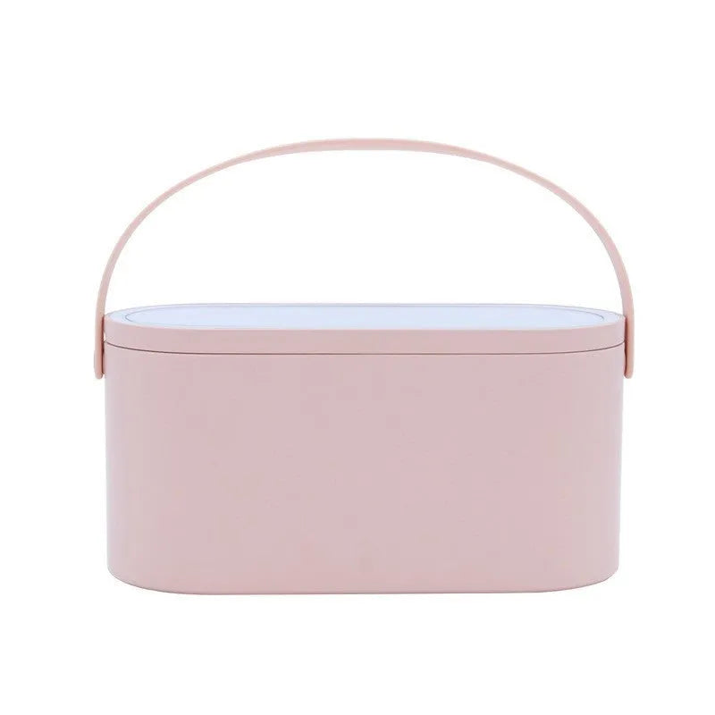 Portable pink makeup mirror storage box with adjustable angle and organiser compartments