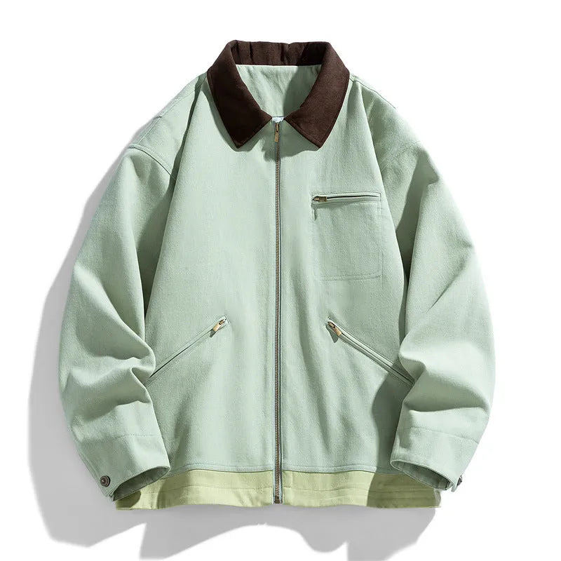 Men's loose-fit Korean retro workwear jacket with contrast lapels in olive green