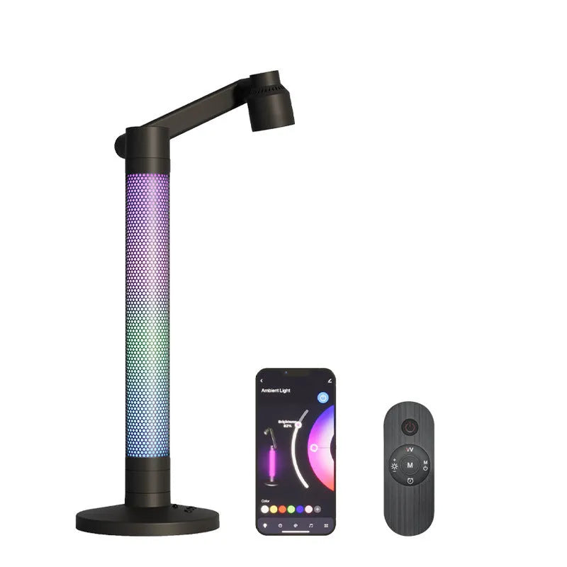 Black LED creative ambience reading night lamp with remote, on desk, dimensions 505x140x43mm