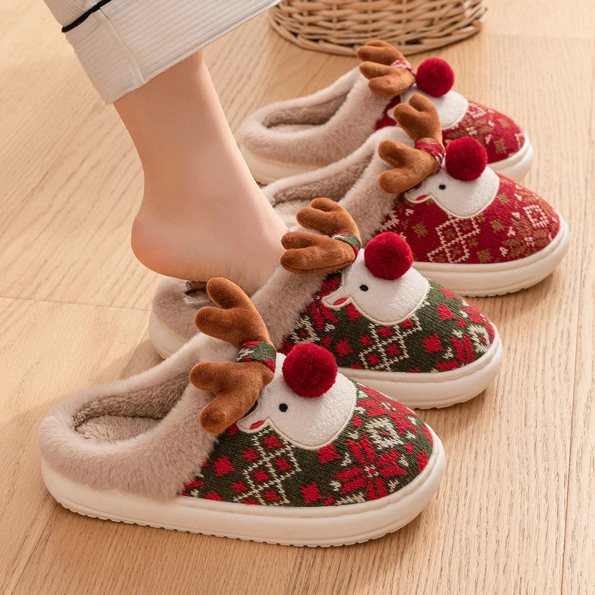 Cozy Christmas elk plush slippers with soft, plush fabric and non-slip soles for indoor comfort and style