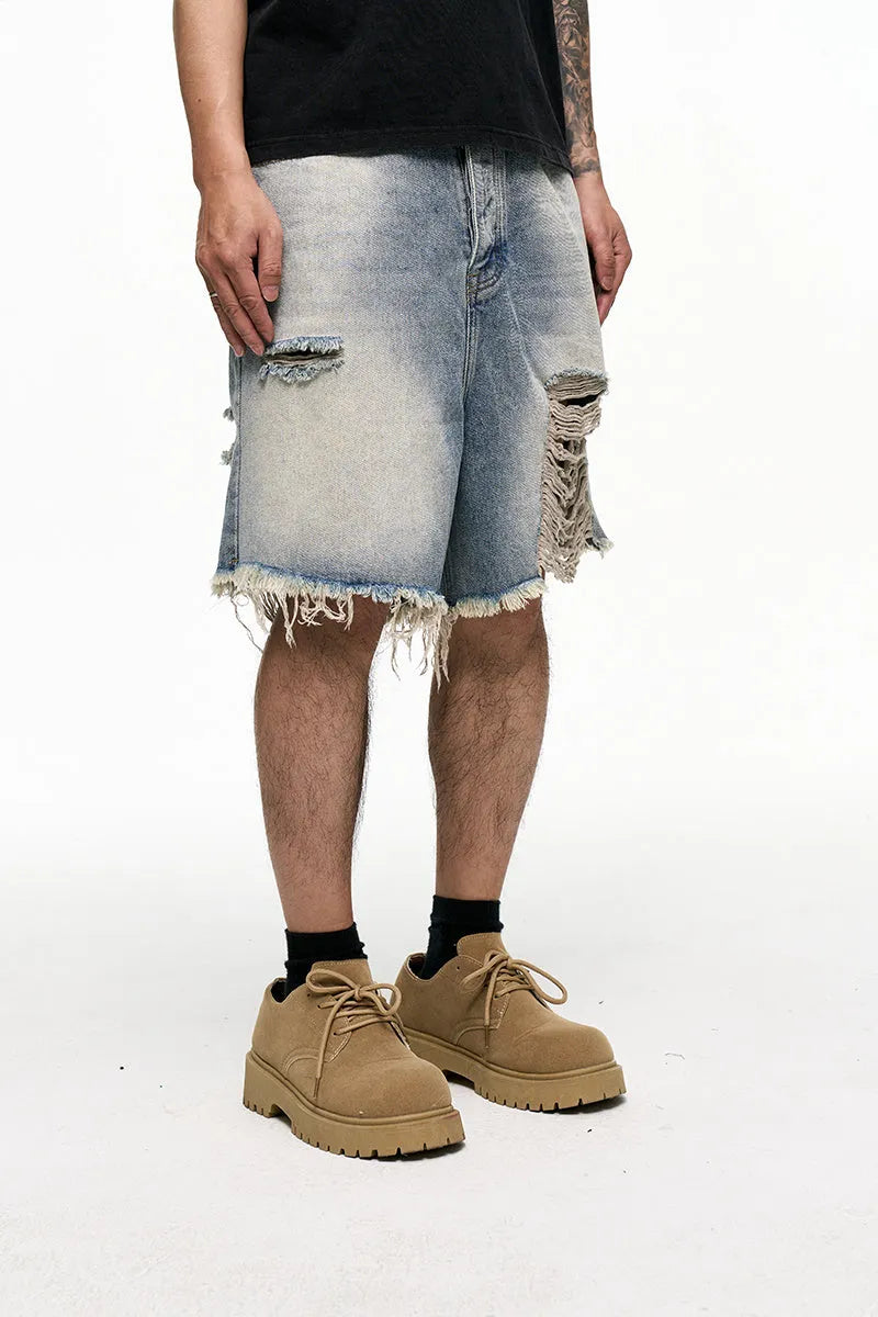 Light blue retro washed men's baggy denim shorts with wide leg cut