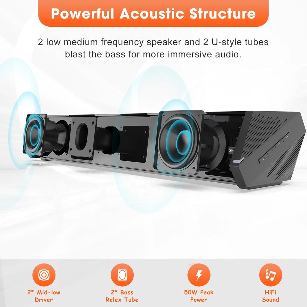 Black 40W wall soundbar with remote control, 420mm wide, HDMI and optical inputs for home TV audio