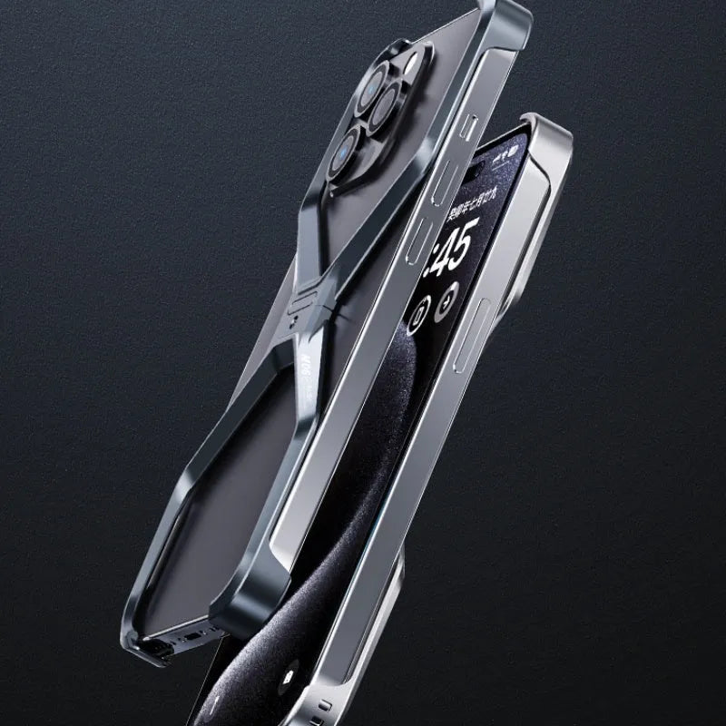 Aluminium alloy hollow-out frameless iPhone case in silver, gray, deep space gray, and titanium gold, model M06