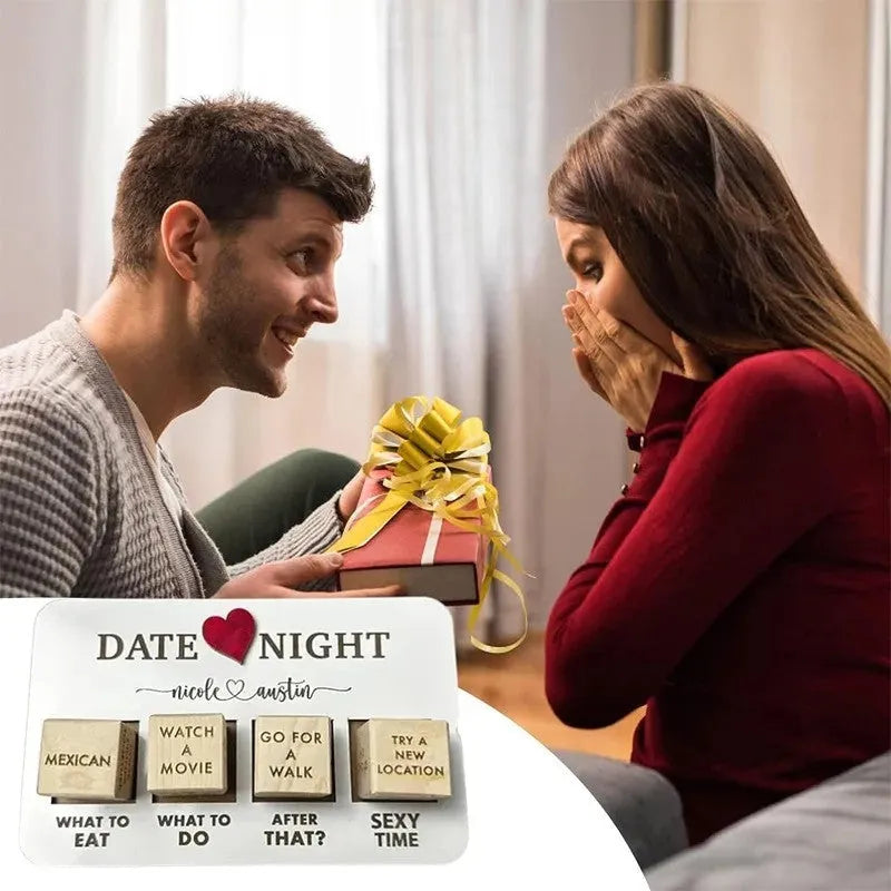 Wooden date night dice game set for couples showing five dice, a wooden planner board and a black storage bag.