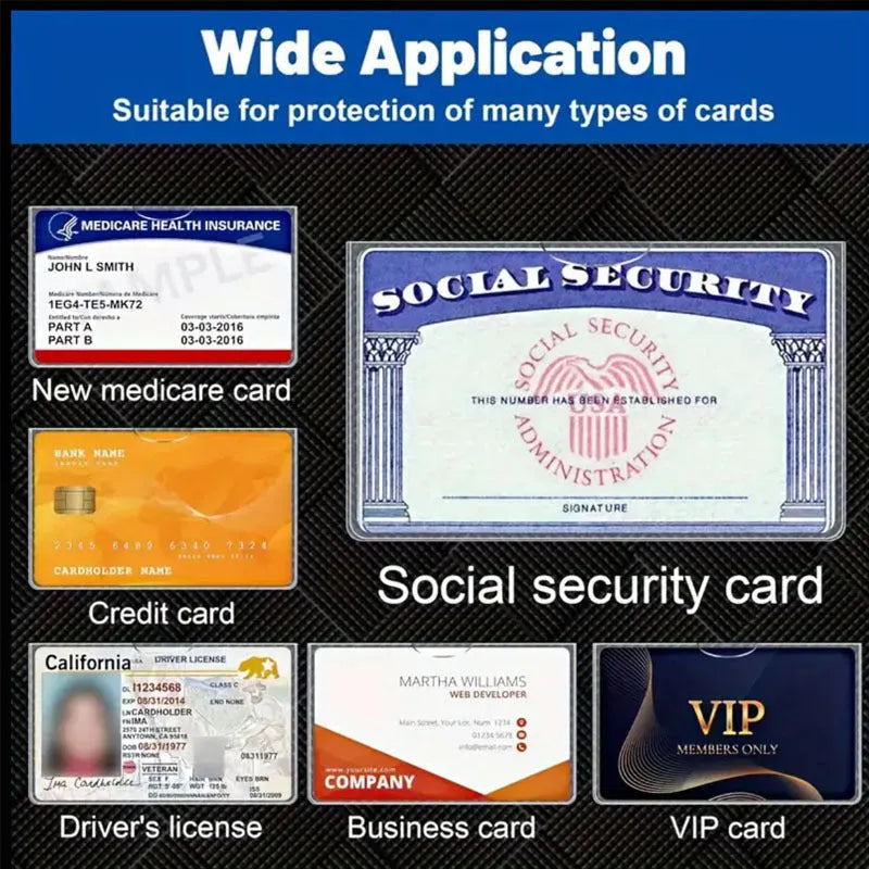 Transparent PVC social security card holder showing dimensions of 9.7 by 5.9 centimetres