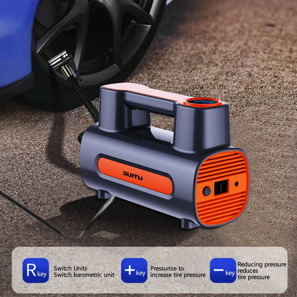 Black portable cordless tyre inflator with digital LCD screen on a grey background