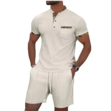Men's grey waffle weave polo collar short sleeve suit with matching shorts laid flat.