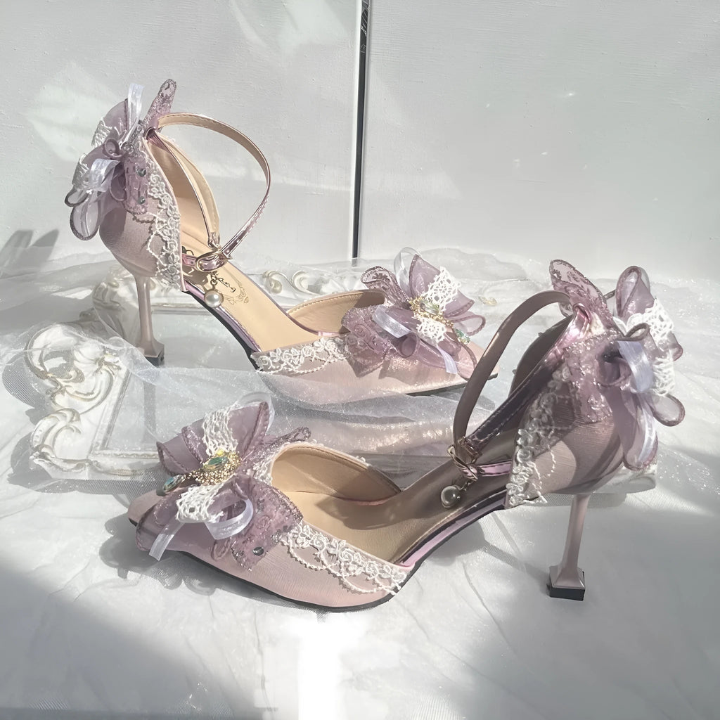 Purple satin wedding shoes with square toe design and lolita styling elements
